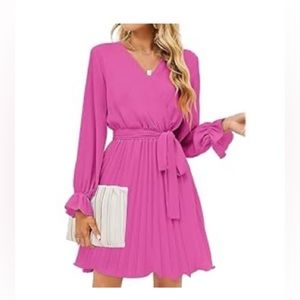 EUC Hot Pink pleated dress with long sleeve and belt